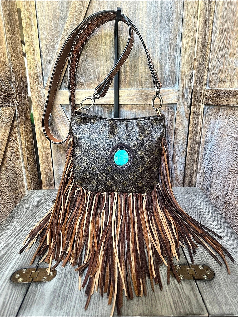 Louis Vuitton Looping MM Upcycled Fringe Vintage Boho Bag with Turquoise Pendant